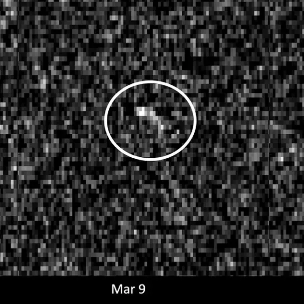 grainy radar image with asteroid Apophis circled and dated March 9th 2021