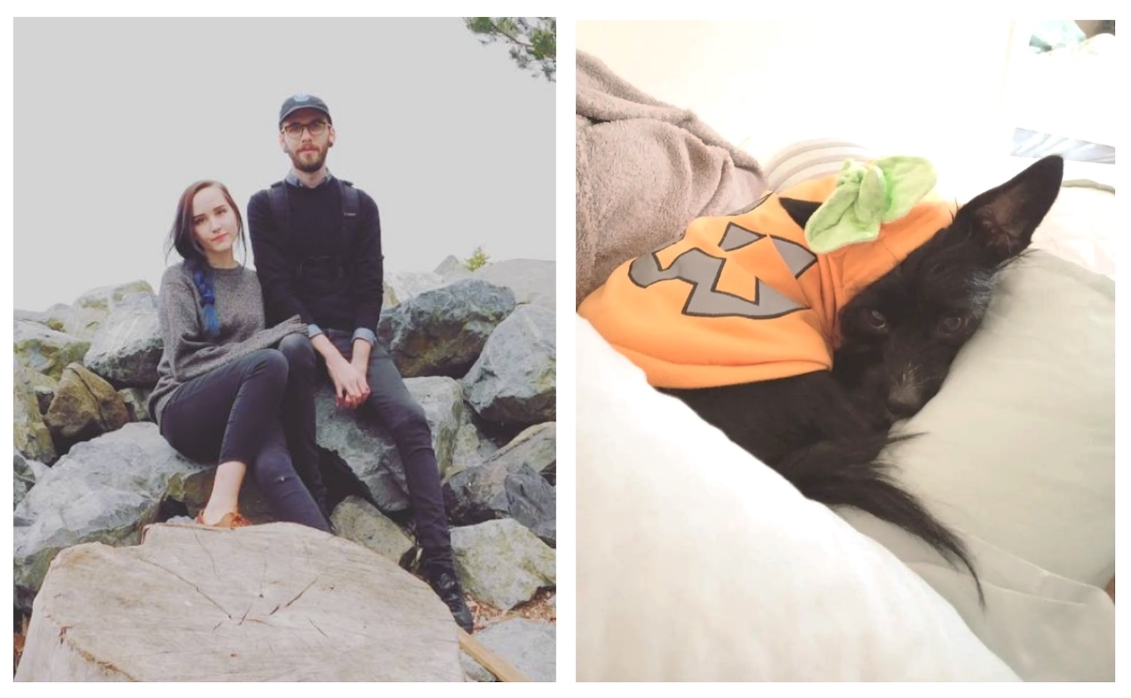 Left: My wife (Jess) and I on the beach in Seattle on a hazy summer afternoon. <br>Right: Our dog, Winnie, wearing a pumpkin costume for Halloween